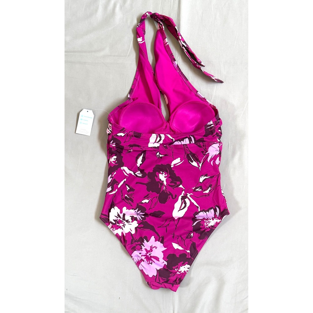 Lands End Womens Halter One Piece Swimsuit Magenta Pink Floral Keyhole 6 NEW - Picture 2 of 4